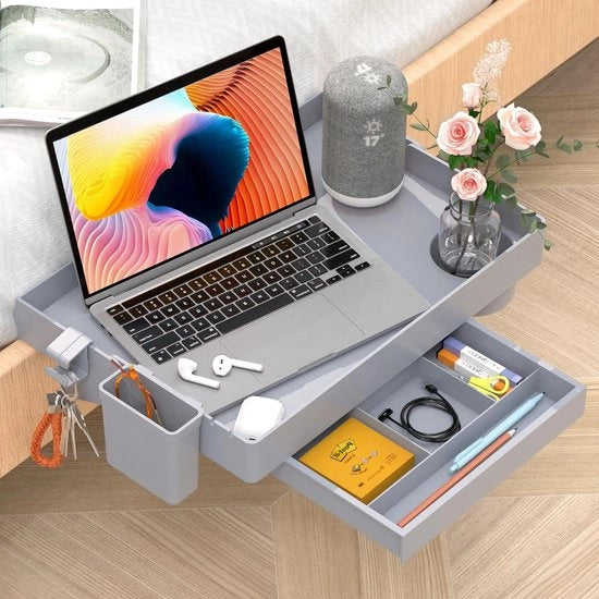 Tavolo da letto pieghevole, piastra da letto, piastra da letto a pile per camera da studente, piastra da letto per bambini, con cassettiera, contenitore per bicchieri e gancio, 28,5 x 42 cm, grigio
