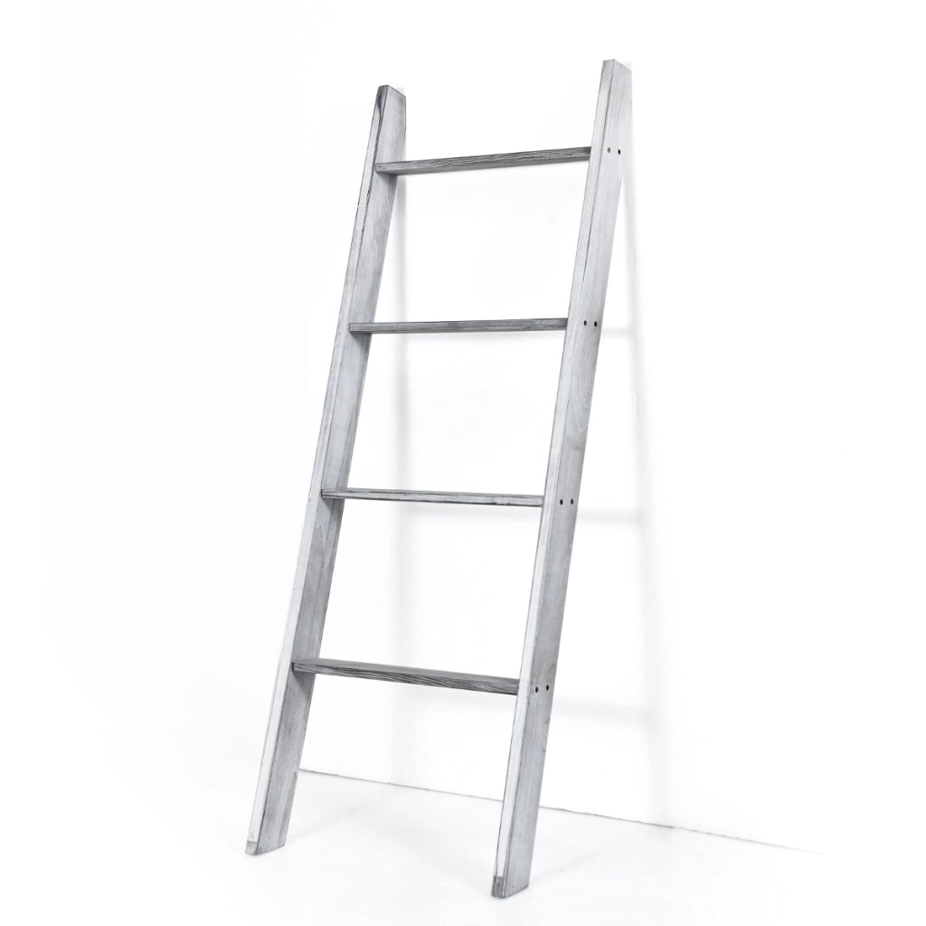 Scala in legno a pioli da appoggio per il bagno, Porta asciugamani da terra a 4 bracci Grigio-Portasciugamani
