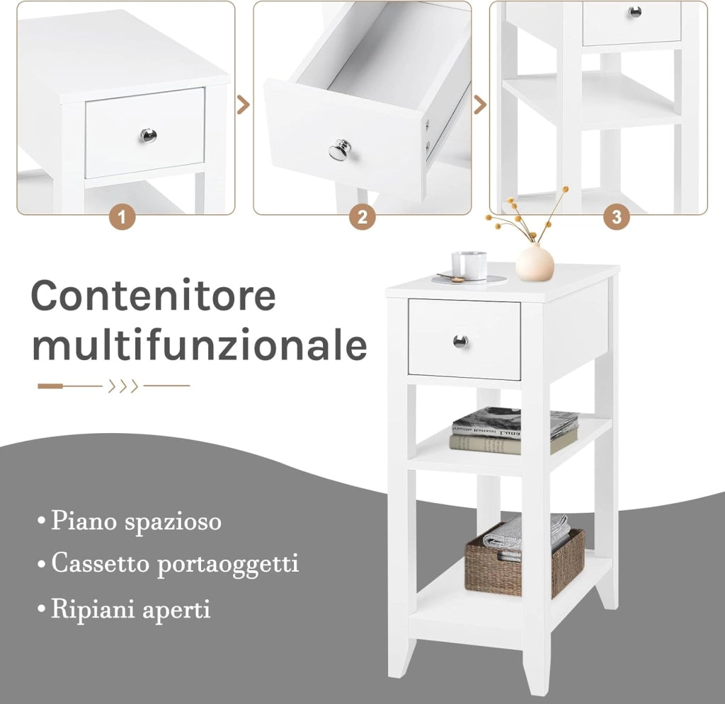 Comodino Alto e Stretto con 1 Cassetto e 2 Ripiani Aperti, Comodino per Camera da Letto, 45x28x66cm, Tavolino da caffè in Legno, Mobiletto Multiuso con Design Moderno, Bianco NTS02ws