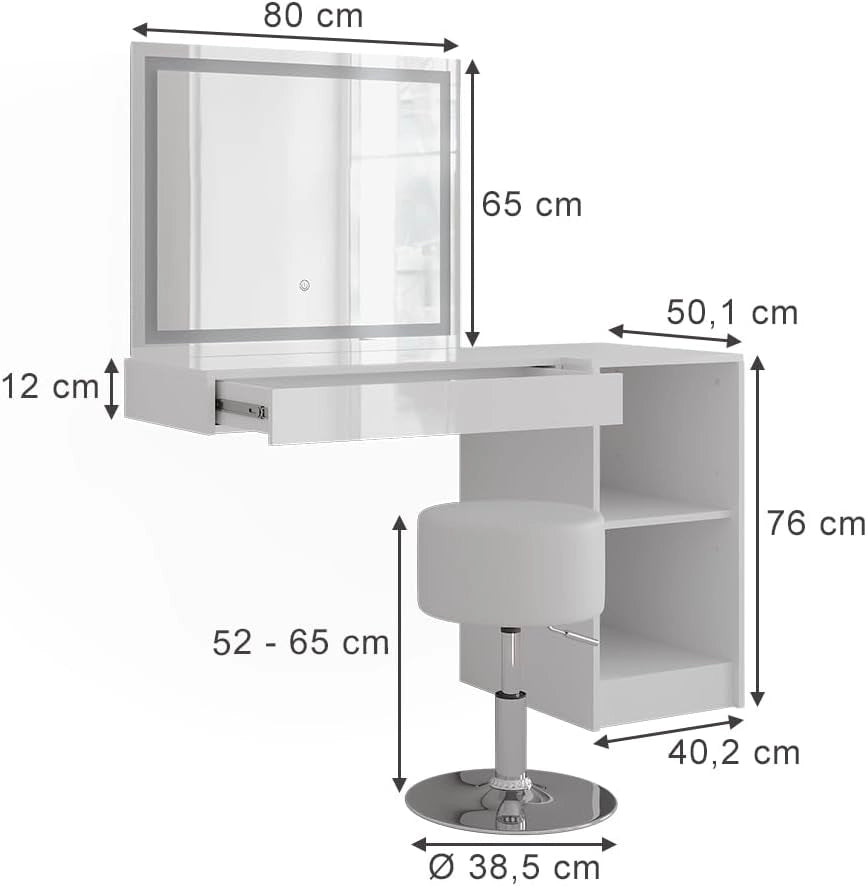 Tavolo da toeletta Sherry, Bianco/bianco lucido, 120 cm 4 parti, con illuminazione LED e specchio integrato