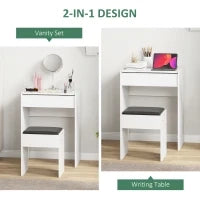 Tavolo da Trucco con Specchio Richiudibile, Tavolo da Trucco Moderno, con Sgabello, Vano Contenitore (10 Scomparti), MDF Bianco, 60.2 x 40.2 x 79cm