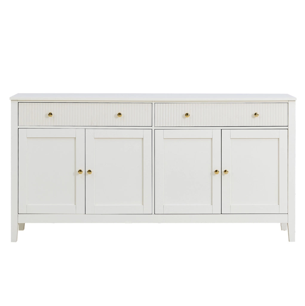 Credenza bianca con 2 cassetti e 4 ante; 160x40x82 cm; MDF; maniglie dorate