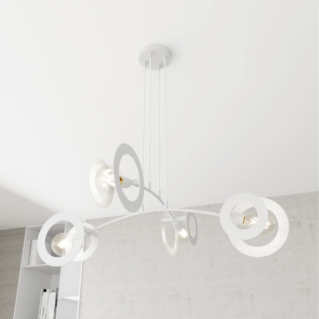 Lampadario 4 Luci Crono Acciaio Bianco A Bracci E Diffusori A Doppio Cerchio