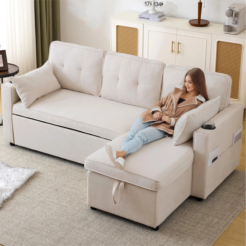Divano Letto Angolare con Contenitore e Portabicchieri ¨C MINIMAL ¨C Tessuto, Reversibile