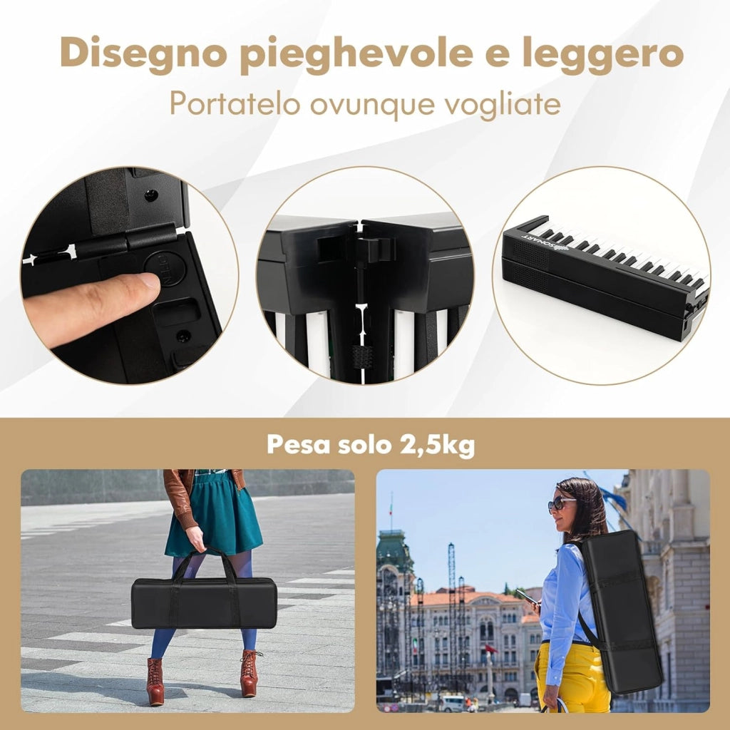 Pianoforte Digitale Pieghevole 61 Tasti, Tastiera Elettronica Portatile, con Tasti a Grandezza Standard Leggio Pedale Sustain MIDI Bluetooth e Borsa, per Principianti Bambini Adulti, Nero