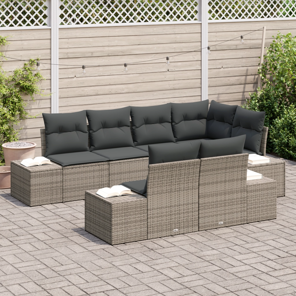 Set Divano da Giardino 7 Pezzi con Cuscini Grigio Polyrattan