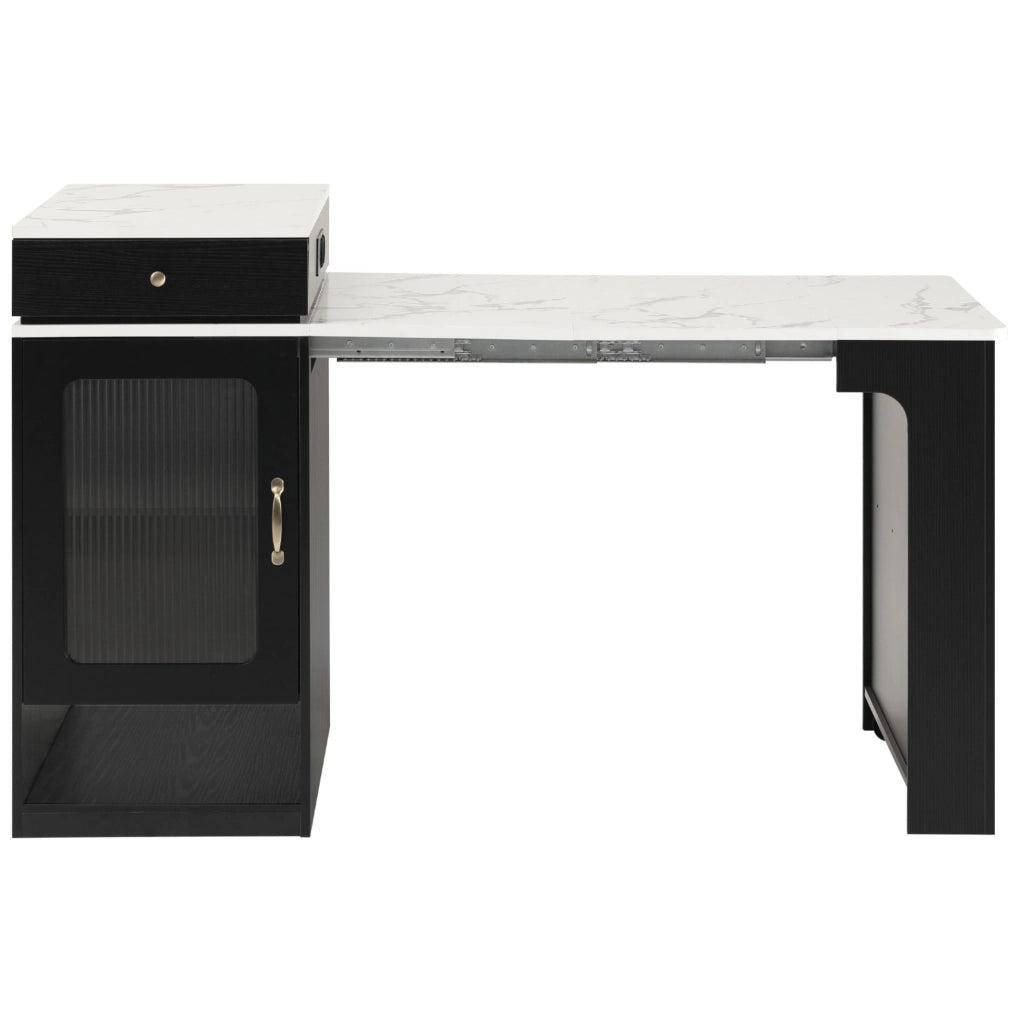 Tavolo allungabile 80x71~111~151x92 cm con prese integrate; MDF e vetro bianco e nero