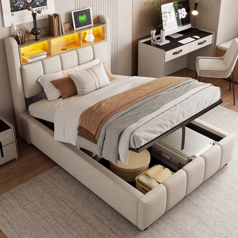 Letto Imbottito Singolo con LED, USB e Contenitore Idraulico ¨C MINIMAL ¨C Lino Beige 90x200