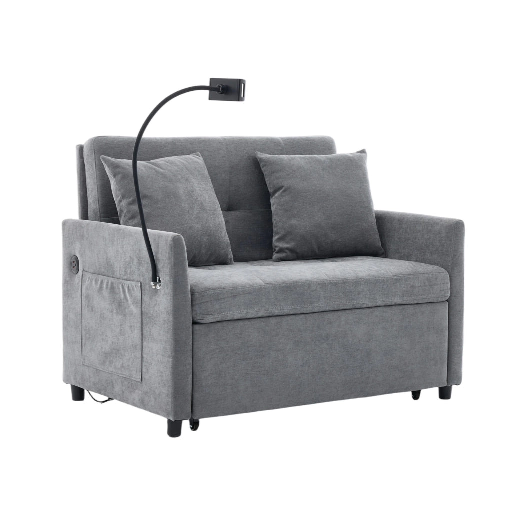 Divano imbottito grigio con porta USB e supporto tablet HOMVRA