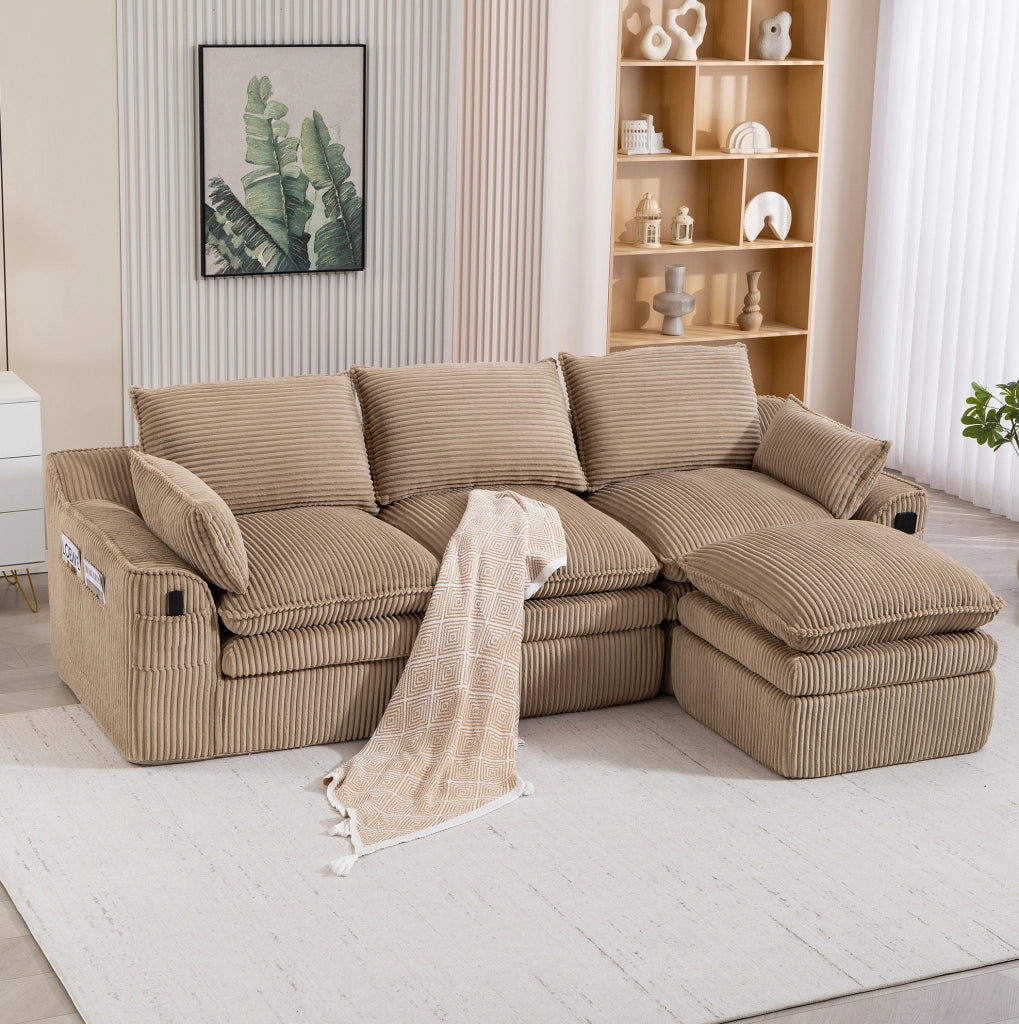 Divano modulare in velluto a coste kaki con pouf e tasche laterali
