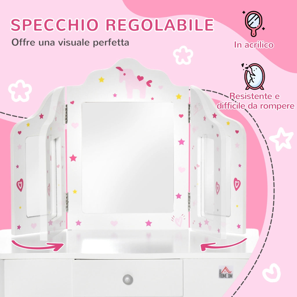 EasyComfort Toeletta per Bambini con Sgabello, Tavolo Trucco con Triplo Specchio e Cassetto, 63x40x85.5cm, Bianco
