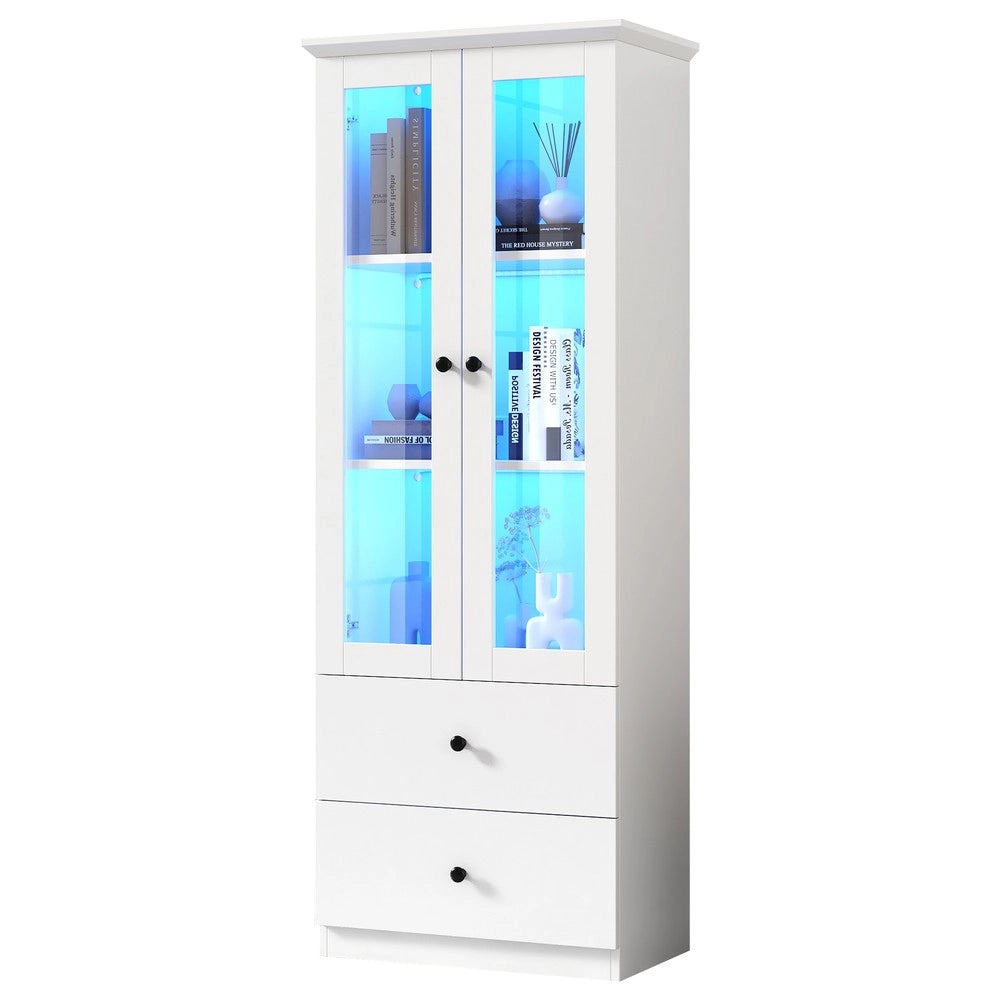 Vetrina LED con Ante ¨C MINIMAL ¨C Bianca, MDF, Ripiani Regolabili, 2 Cassetti, USB