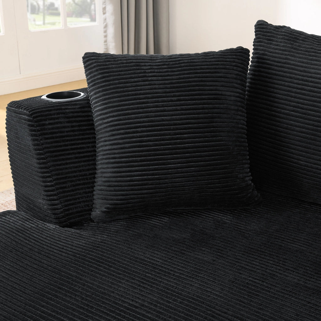 Divano lineare 3 posti - con portabicchieri e cuscini - in corduroy nero