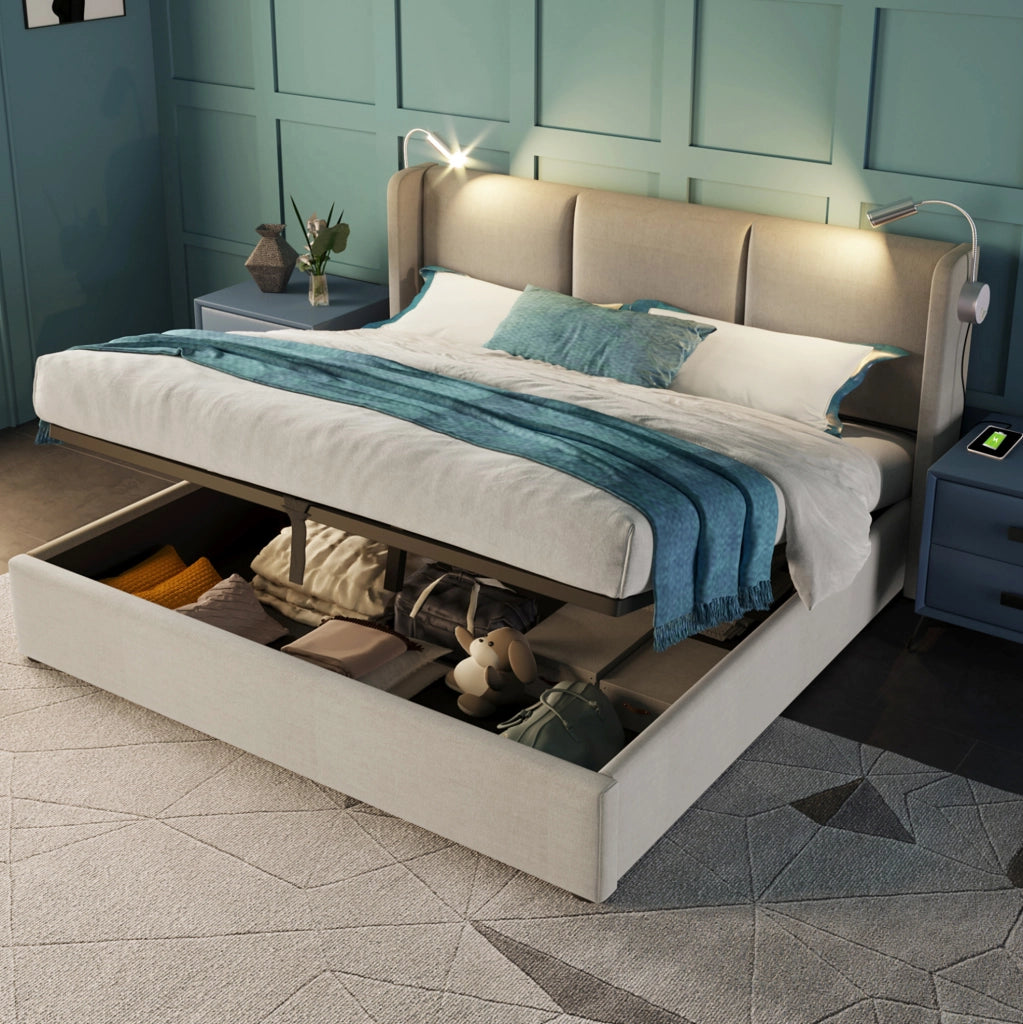 Letto matrimoniale contenitore 160x200 cm in lino beige con luce da lettura e USB