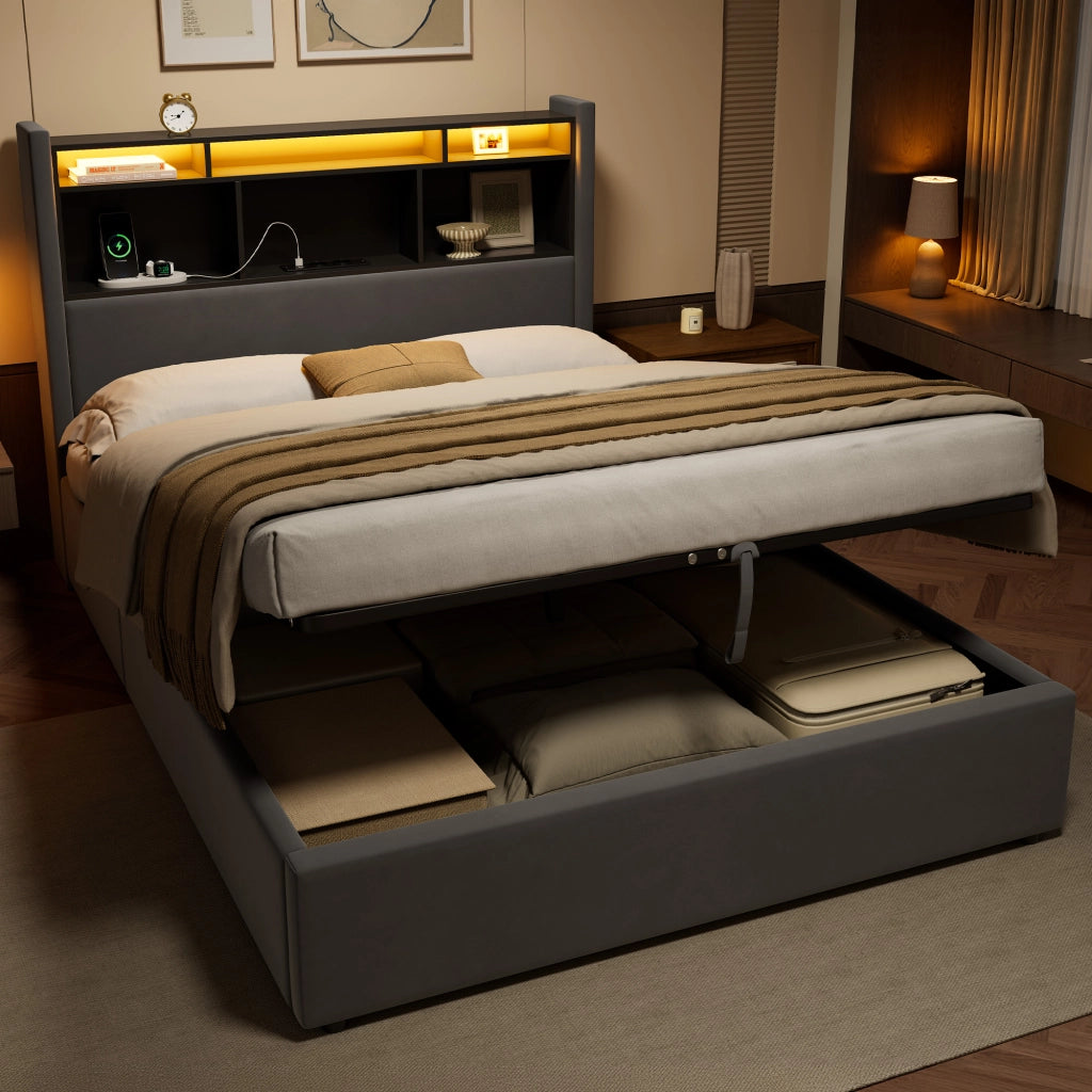 Letto matrimoniale contenitore imbottito grigio scuro 140x200 cm con LED e ricarica USB