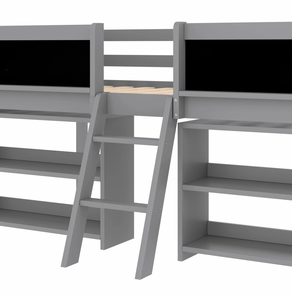 Letto semi-alto 90x200 cm con scaffali, lavagna, scala e sponde grigio