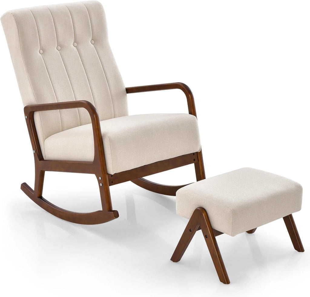 Poltrona a Dondolo con Poggiapiedi, Poltrona Imbottita in Tessuto con Struttura in Legno di Gomma Massello, Set Sedia a Dondolo e Poggiapiedi per Cameretta, Salotto (Beige)