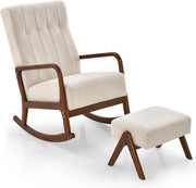 Poltrona a Dondolo con Poggiapiedi, Poltrona Imbottita in Tessuto con Struttura in Legno di Gomma Massello, Set Sedia a Dondolo e Poggiapiedi per Cameretta, Salotto (Beige)