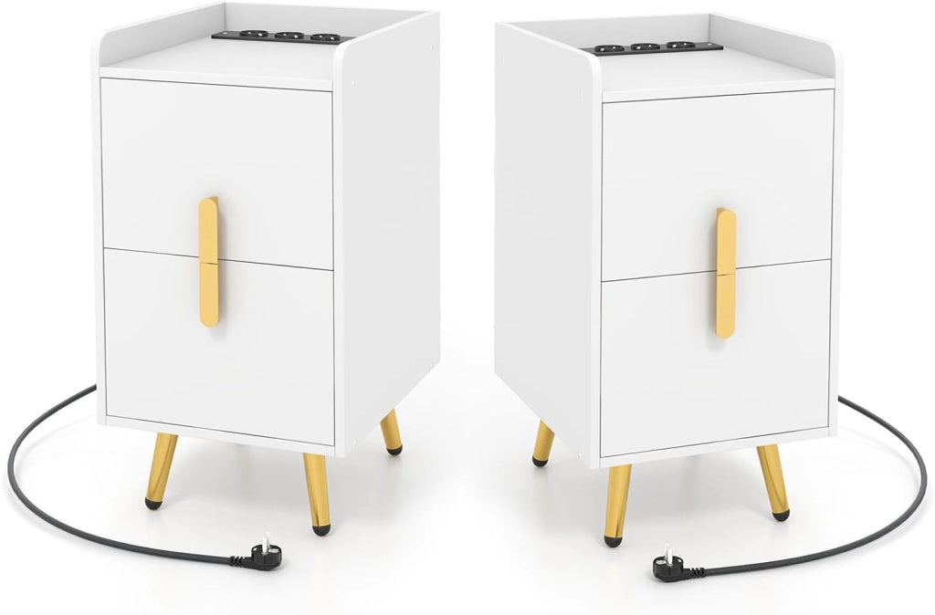 Comodino con stazione di ricarica, tavolino con 2 porte USB e 3 uscite, comodino con 2 cassetti, comodino per camera da letto, soggiorno, 32 x 40 x 60 cm (Industiral-2), QD09474