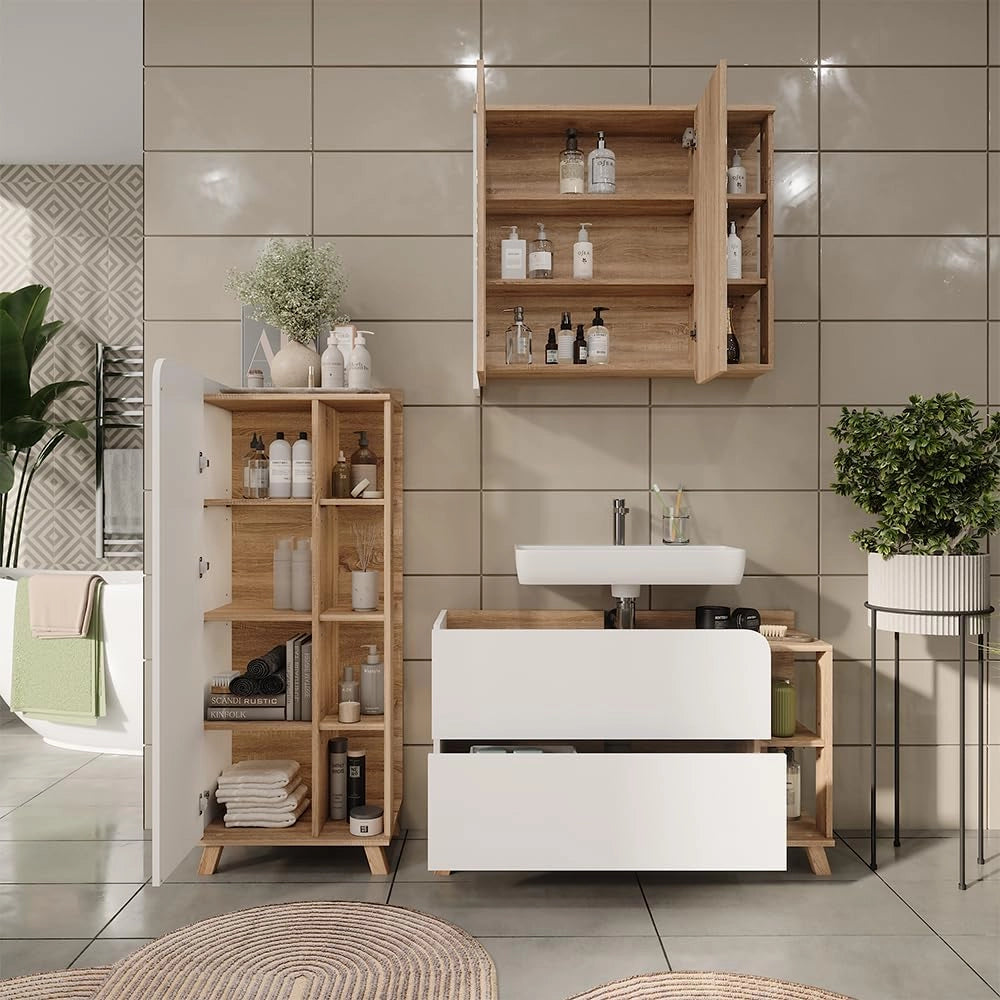 Set di mobili da bagno Karen, Sonoma/Bianco, 100 cm, composto da mobile sottolavabo, specchiera e mobile medio