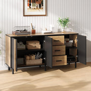 Credenza in MDF 140x35x70 cm con 3 ante; 3 cassetti e 6 gambe in metallo; nera