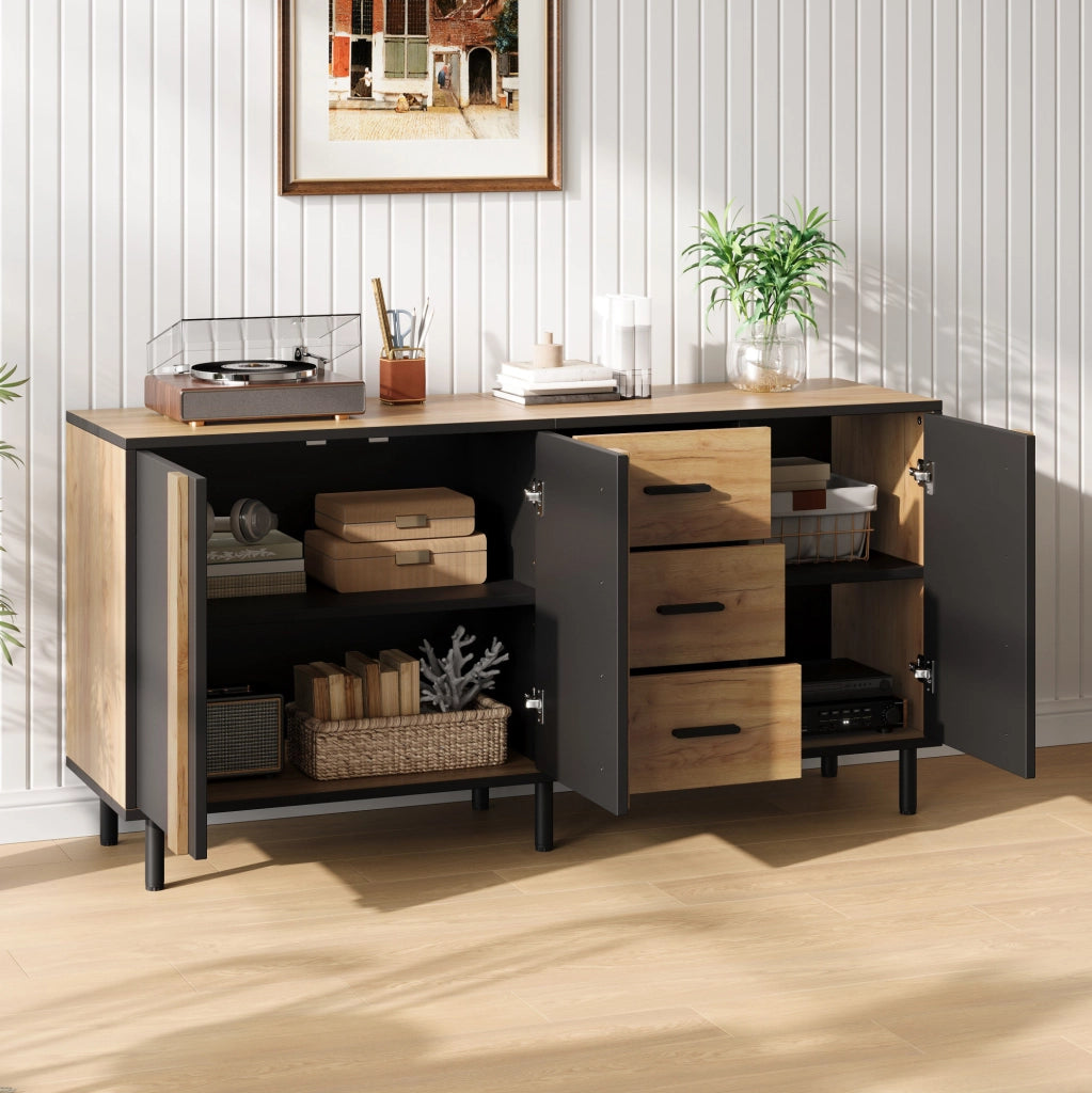Credenza in MDF 140x35x70 cm con 3 ante; 3 cassetti e 6 gambe in metallo; nera