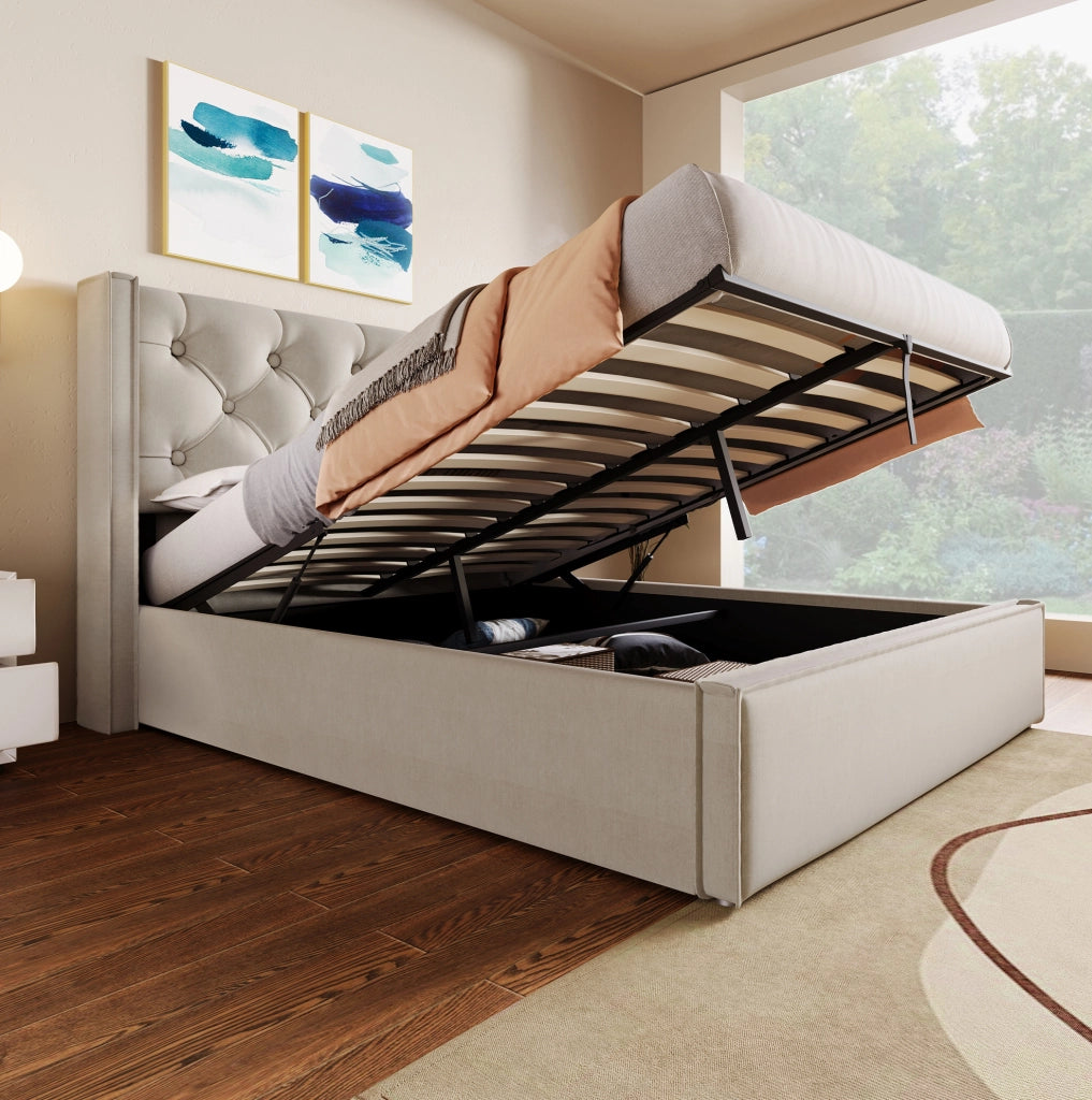 Letto matrimoniale imbottito con contenitore 160x200 cm; testa letto capitonn茅; grigio chiaro
