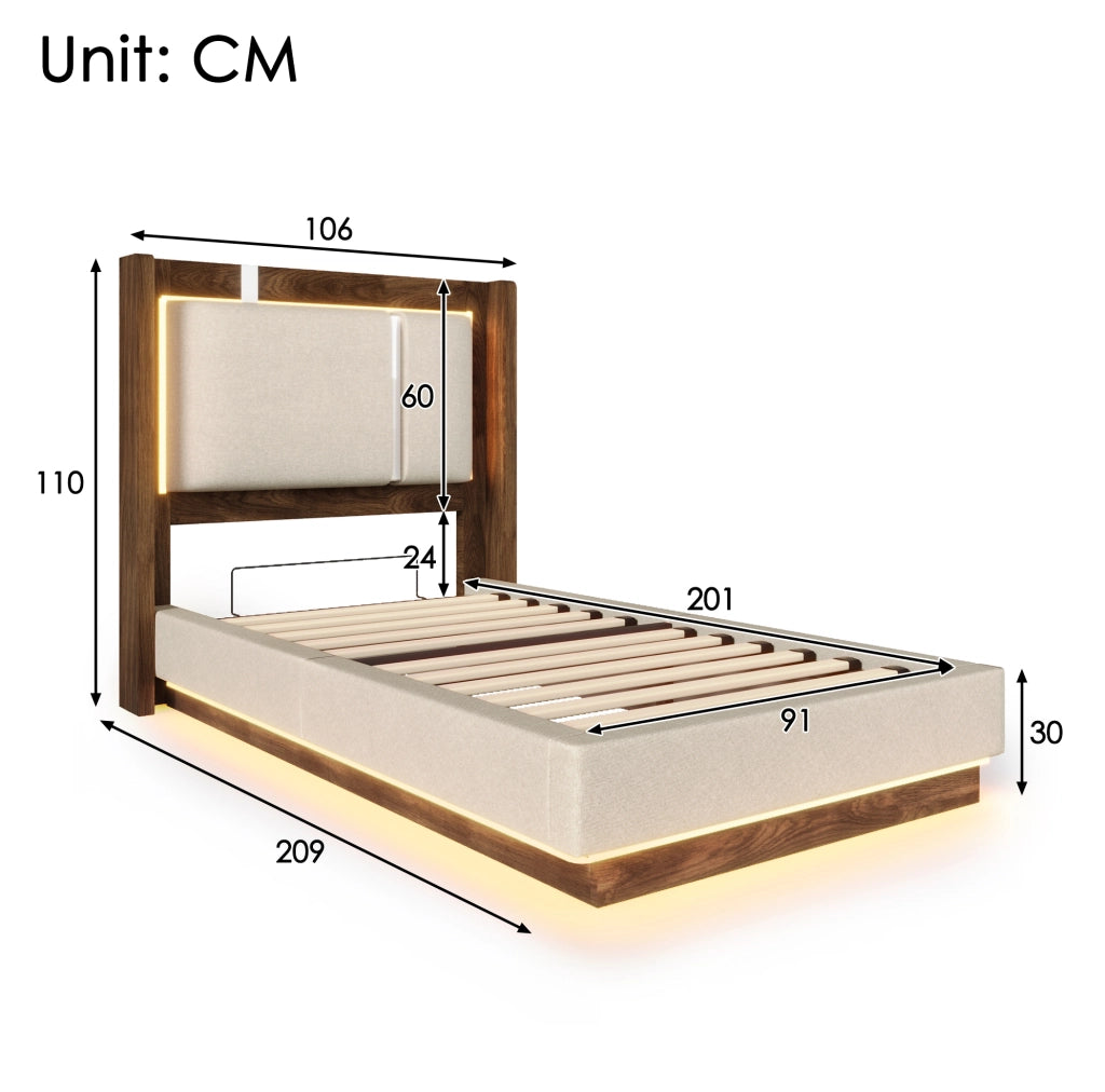 Letto imbottito 90x200 cm con rete a doghe, LED e contenitore, lino beige e noce, senza materasso