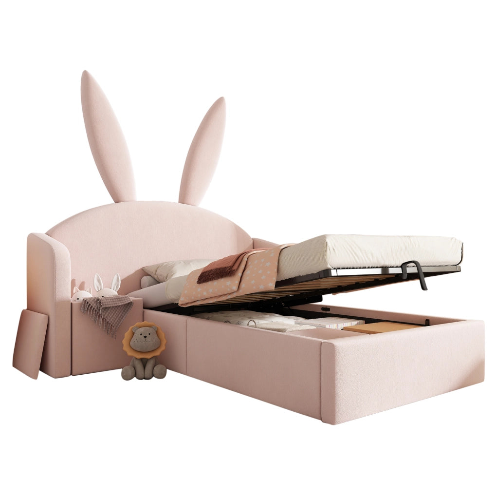 Letto imbottito per bambini 90x200 cm in velluto rosa con comodino contenitore e rete a doghe