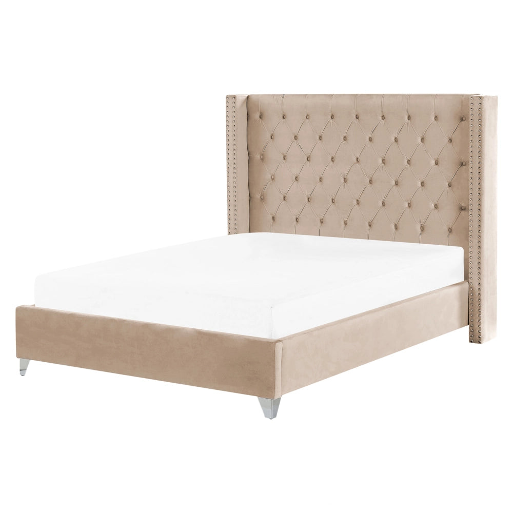 Letto a doghe Velluto beige imbottito Poggiatesta trapuntato borchie 160 x 200 cm design glam