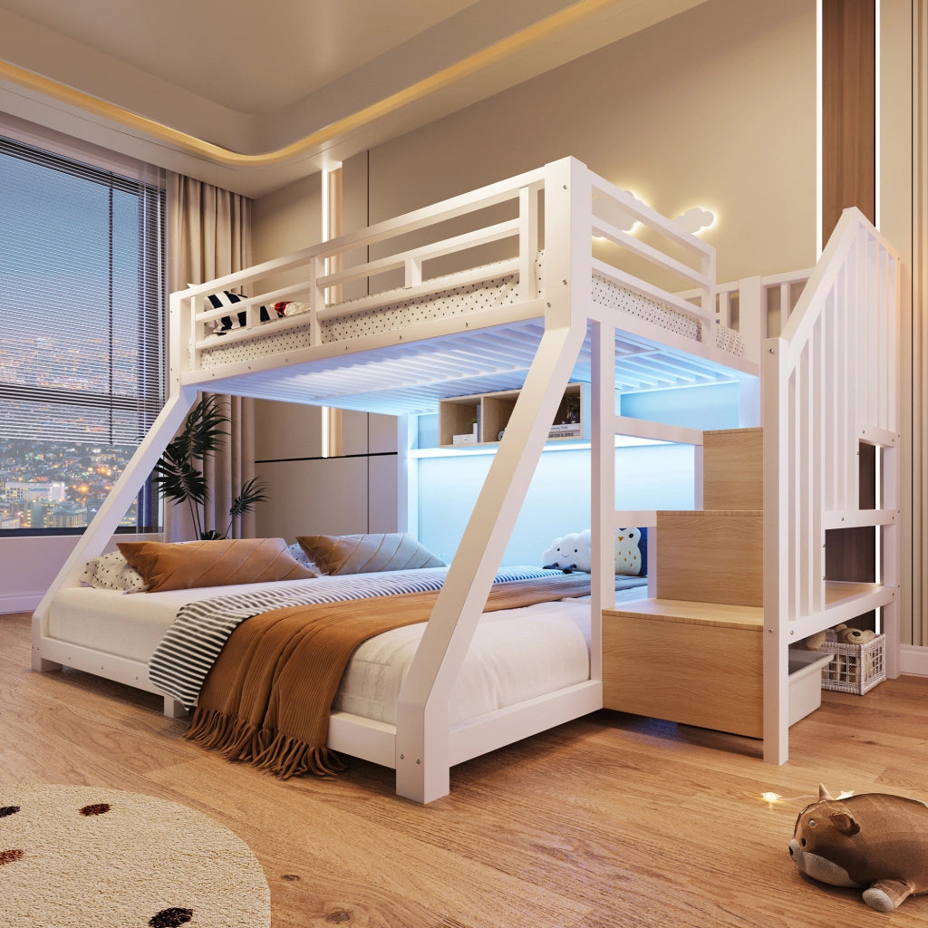 Letto a castello per bambini con scala a 3 vani e LED con app LEMONMAX; 90x200+140x200 cm; certificato EN 747; metallo e MDF; bianco