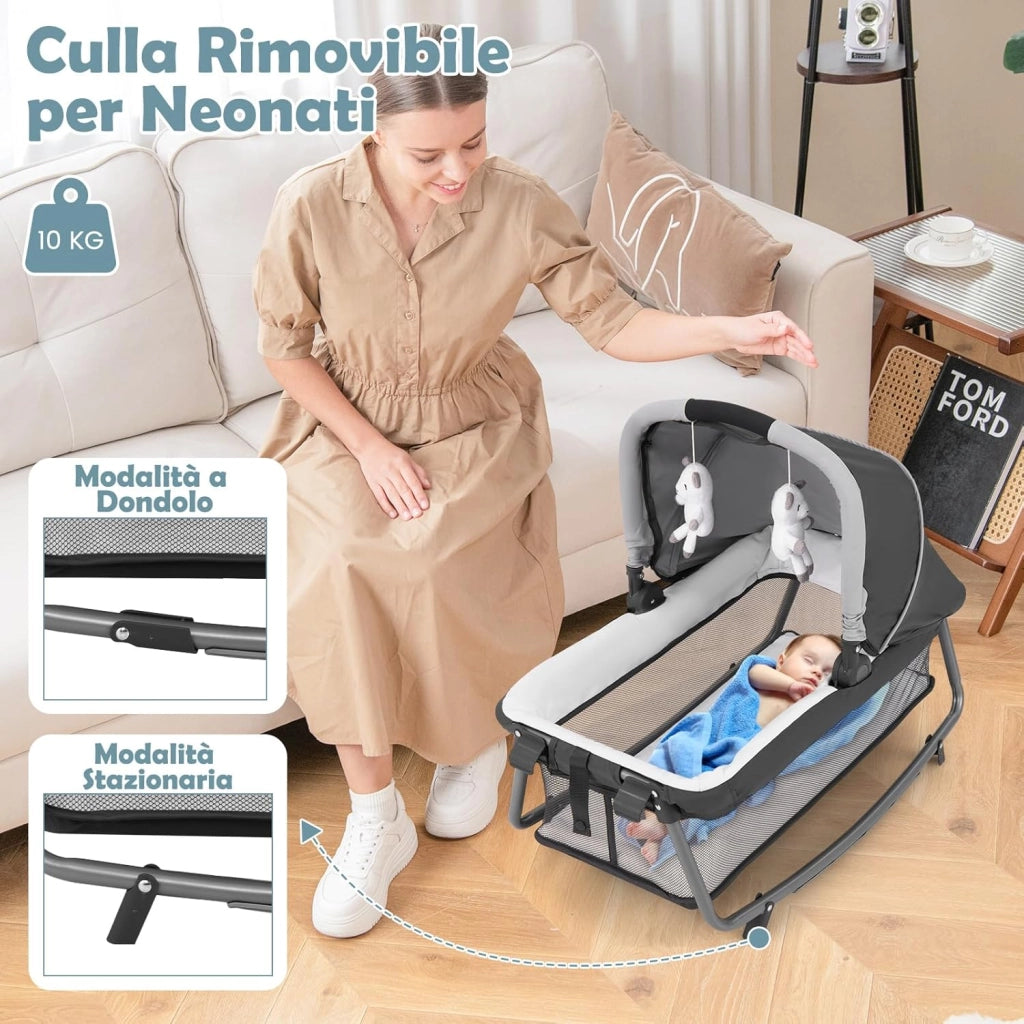 Lettino da Campeggio Pieghevole 5 in 1, Box Bambini con Culla Removibile, Fasciatoio, Materasso, Ripiano Portaoggetti, Ruote Bloccabili, per Bambini 0-36 Mesi (Verde, 103 x 74 x 73 cm)