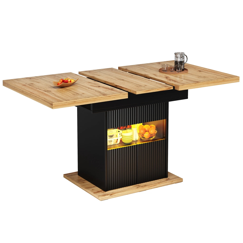 Tavolo da pranzo allungabile con vano contenitore chiuso; ripiano regolabile e illuminazione LED; per cucina e sala da pranzo; 110 × 80 × 76 cm