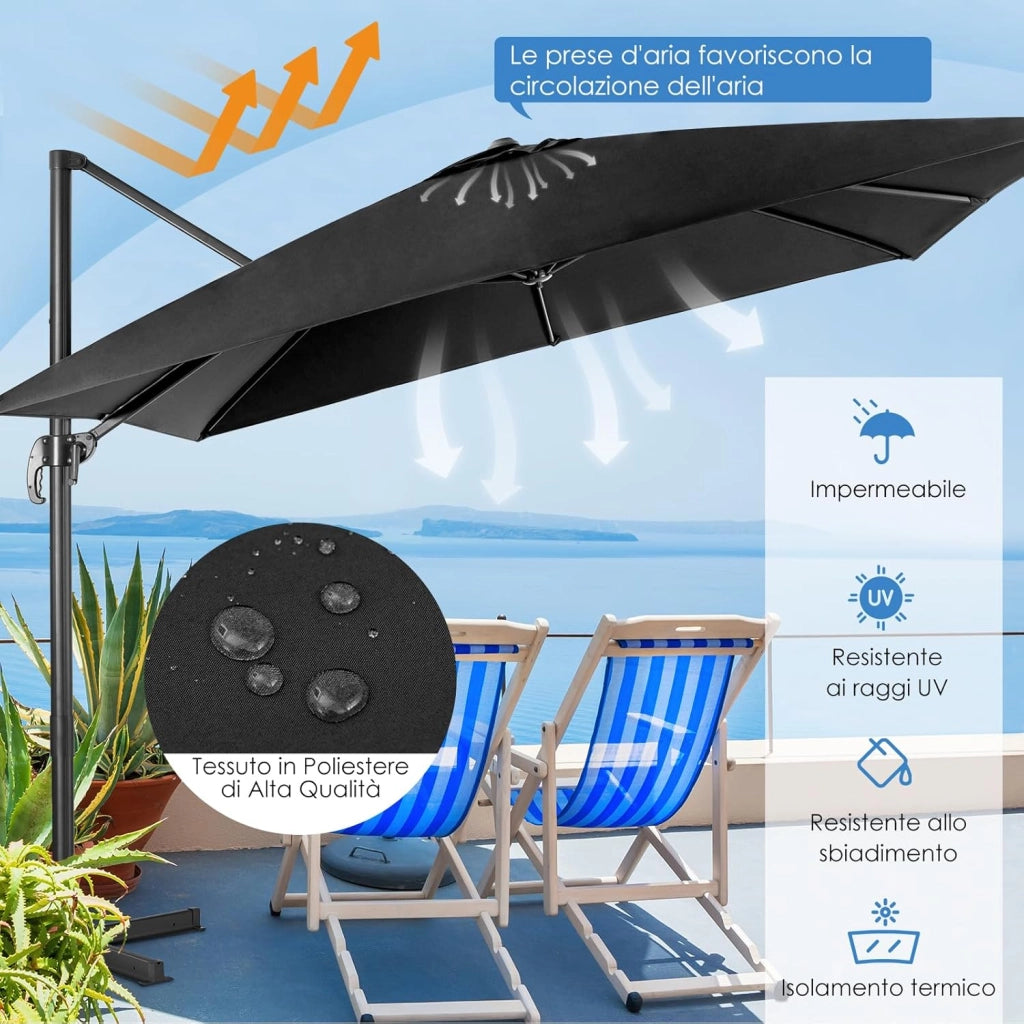 Ombrellone da Giardino 3 x 3 m, Ombrellone Pieghevole da Esterno con 3 Inclinazioni, Rotazione a 360°, Manovella, 8 Stecche, Base Incrociata, Angolo Regolabile, per Giardino, Balcone (Nero)