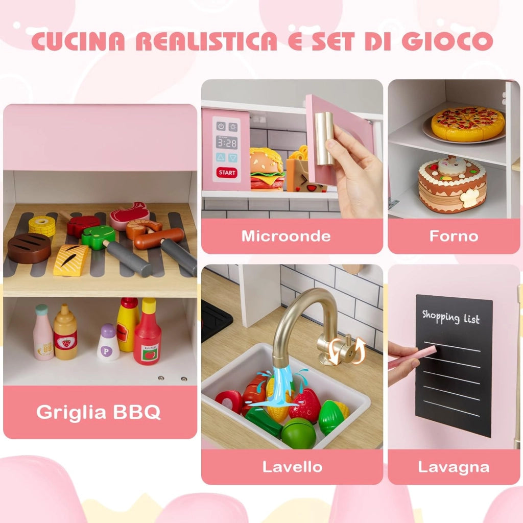 Cucina Giocattolo con Cappa e Fornelli a Suoni e Luci, Cucina per Bambini in Legno con Fabbricatore di Ghiaccio, Microonde, Griglia BBQ e Lavagna, Set Cucina con Accessori, per Bambini 3+ Anni