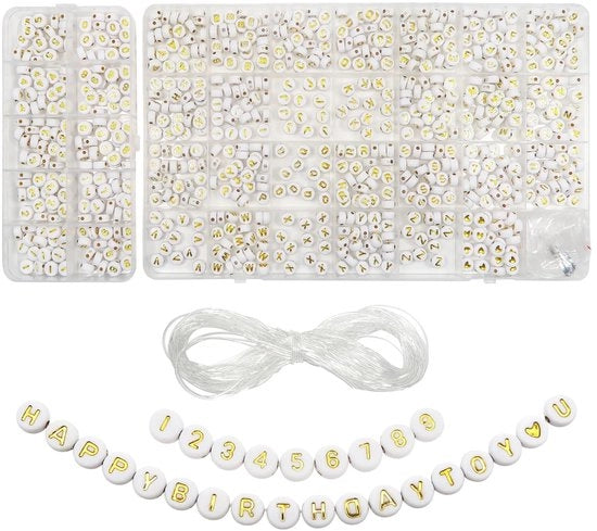 Alfabet in Acero Inoxidabile 776 Pezzi - Filo Acrilico Bianco con Lettere Oro A-Z - Perle Ronde 7 mm - Numeri 0-9 - Cordoncino Elastico - Per Creazioni di Gioielleria