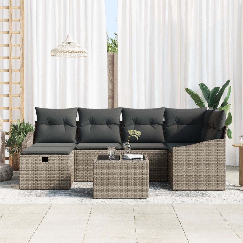 Set Divano da Giardino da 7 pezzi con Cuscini Grigio Polyrattan