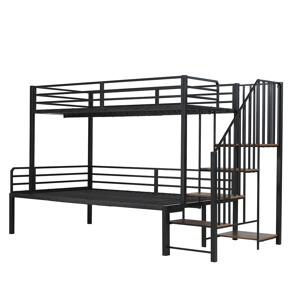 Letto a Castello Ferro – Xylo – 90x200 e 120x200cm, Scala Angolare con Ripostiglio, Nero/Legno Vintage