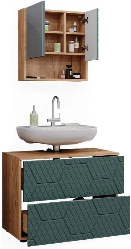 Set mobili bagno Irma, Quercia verde/oro, 2 parti