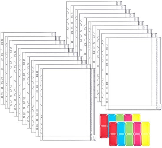 Documenti A4, 20 pezzi, contenitori per documenti trasparenti con 11 aperture per ordinare, chiusura a cerniera, copertura in plastica con 20 adesivi per documenti, cosmetici e gioielli.