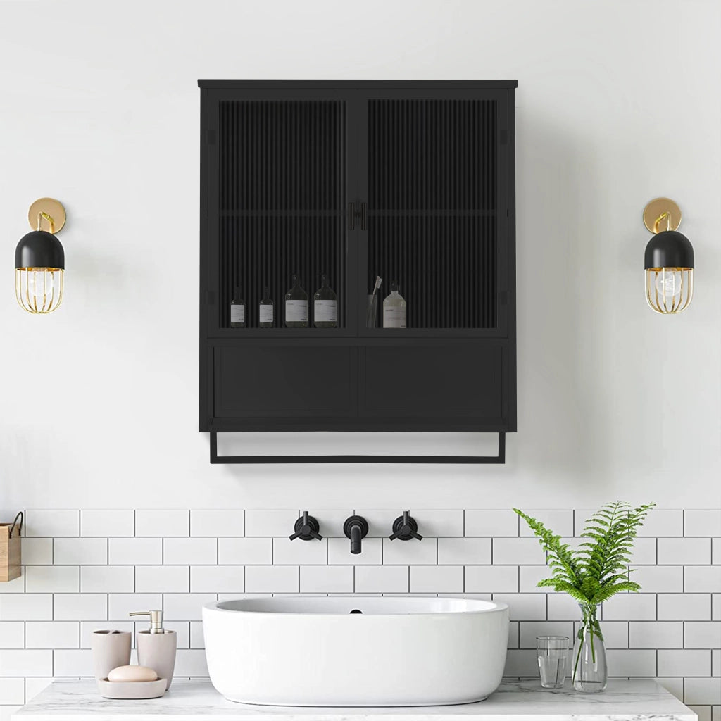 Pensile con 2 Ante in Vetro; 2 Ripiani; 1 Vano a Giorno e Portasciugamani; Stile Moderno; Metallo; 60×23×78 cm; Nero