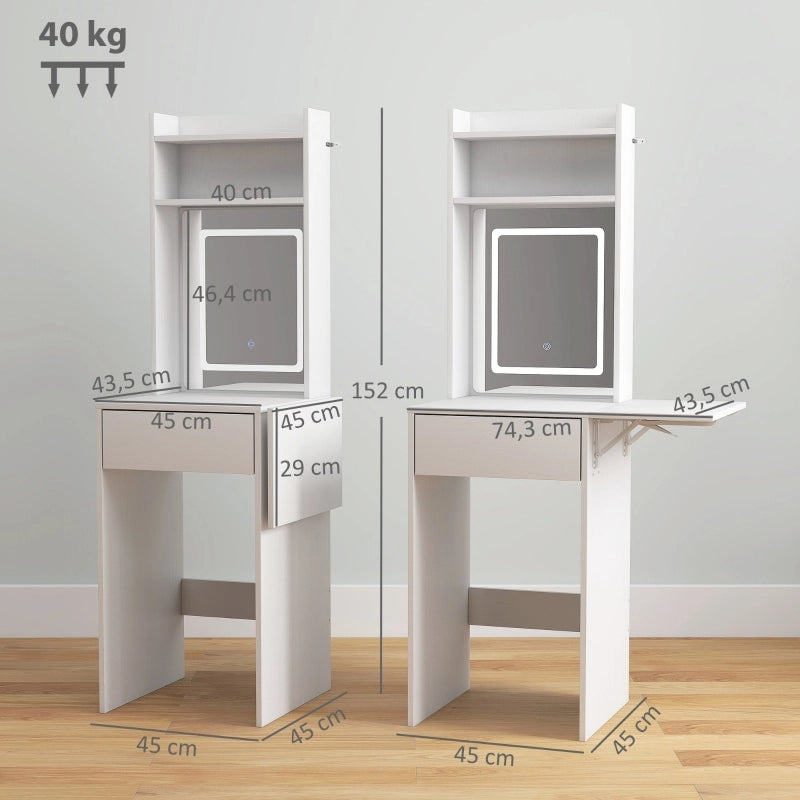 Tavolino da trucco compatto con specchio e illuminazione a LED, piano pieghevole, ripiani a giorno, cassetto, MDF, bianco