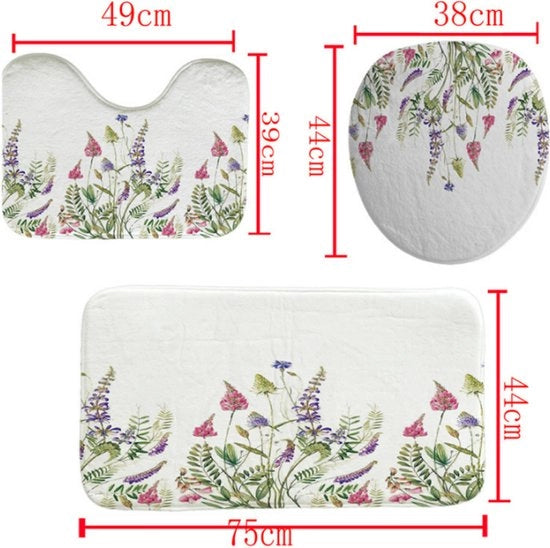 Set di tre tappeti per bagno in stile bohemiano antiscivolo, tappeti per bagno in tessuto naturale, set di tre tappeti per bagno 3D stampati digitalmente, impermeabili e resistenti alla muffa, per toilette - Lavanda-rosa - 75*45