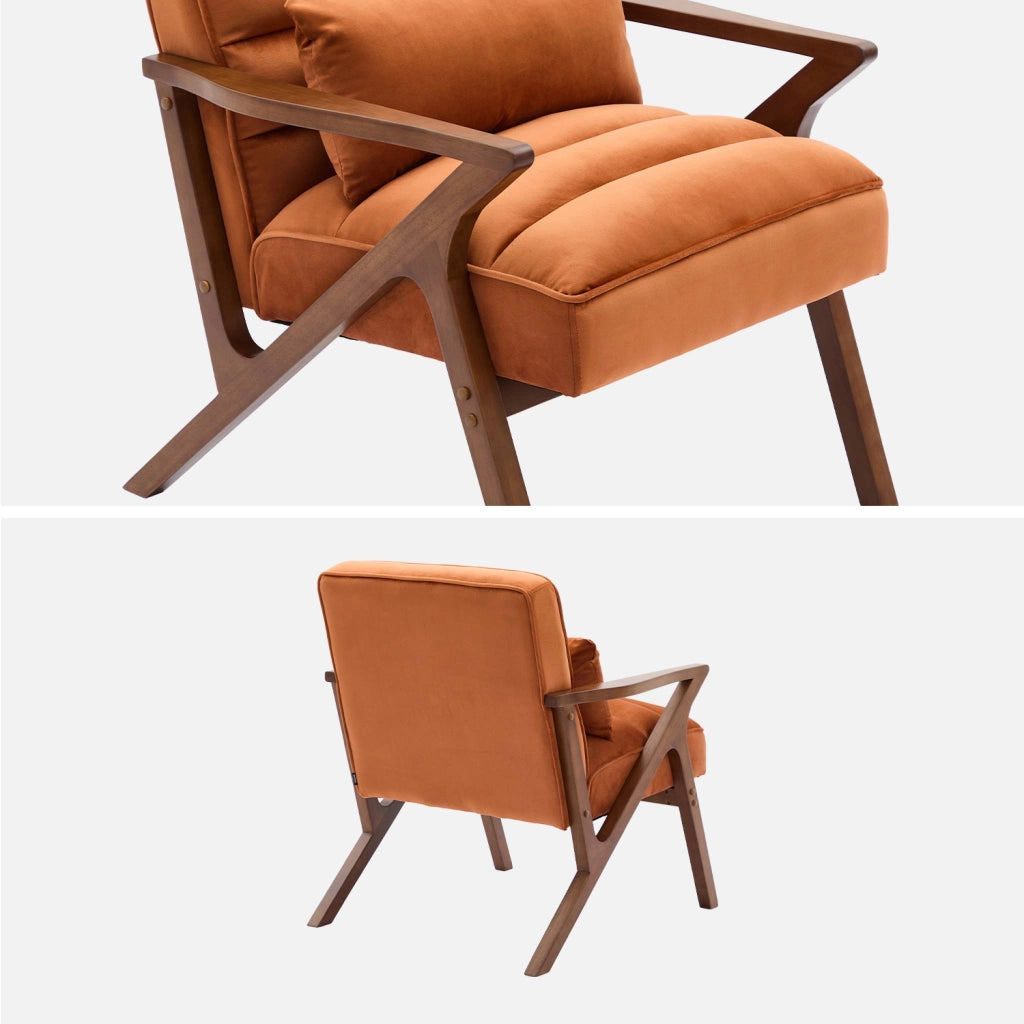 Poltrona scandinava in legno di hevea e velluto, terracotta