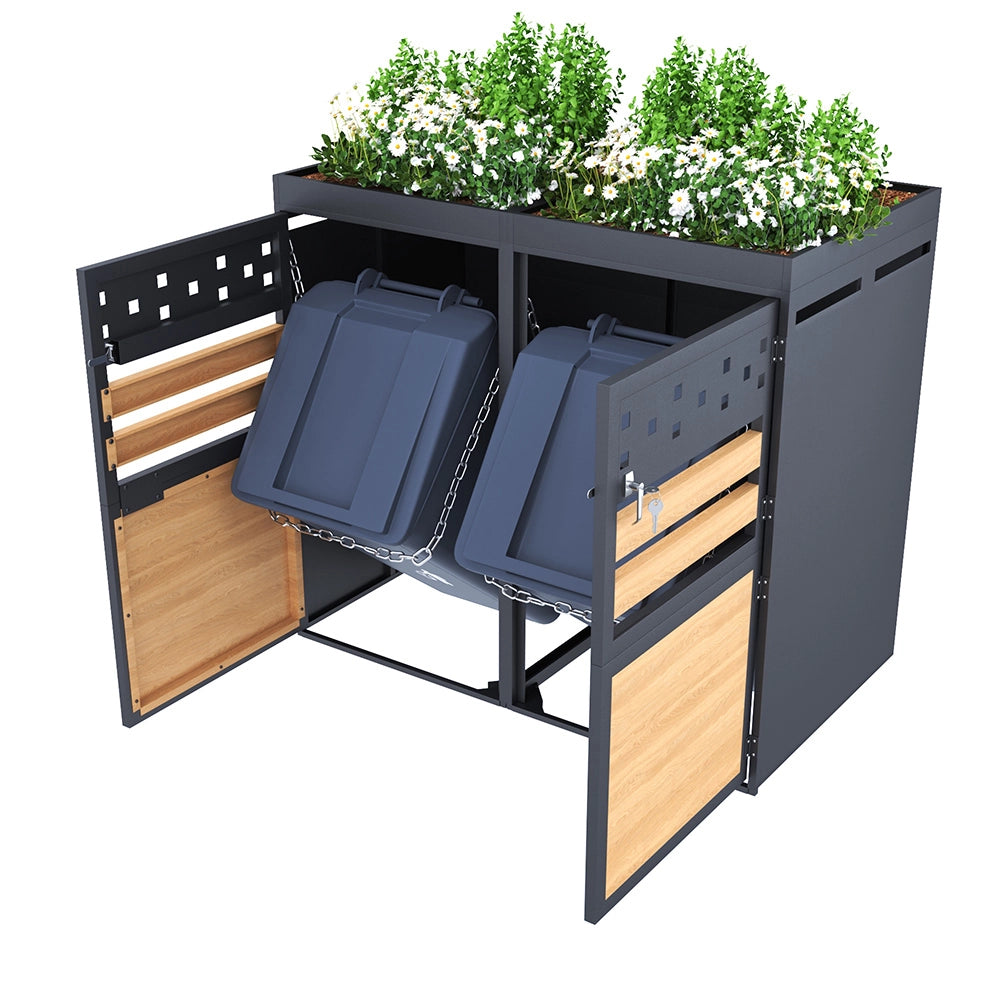 Cabina per 2 bidoni con tetto verde - Xylo - 120-240 litri, colore antracite, porta in stile legno, estensibile