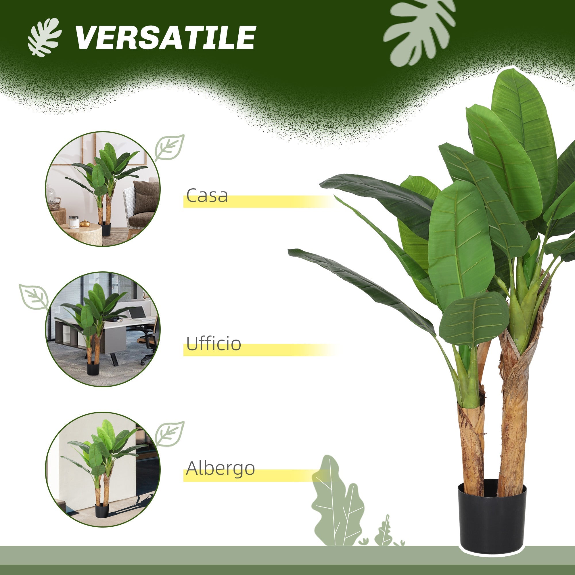 Pianta Artificiale di Banano 120 H cm per Interni con Vaso Nero