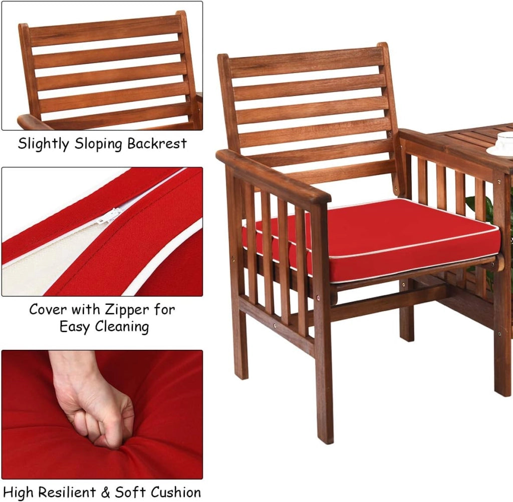 Set di 2 Sedie con Cuscini e Tavolo in Legno di Acacia, Foro per Ombrellone da 5 cm, Set di Mobili per Esterni da Bistro da Giardino (Rooso)