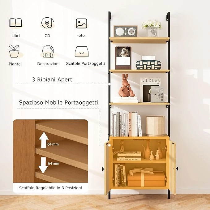 Scaffale Salvaspazio 60 x 30 x 184 cm, Libreria a 3 Livelli con Ripiano Regolabile, Struttura in Metallo, Armadietto in Rattan e Scaffale Aperto, Mobile Bagno per Soggiorno e Ufficio