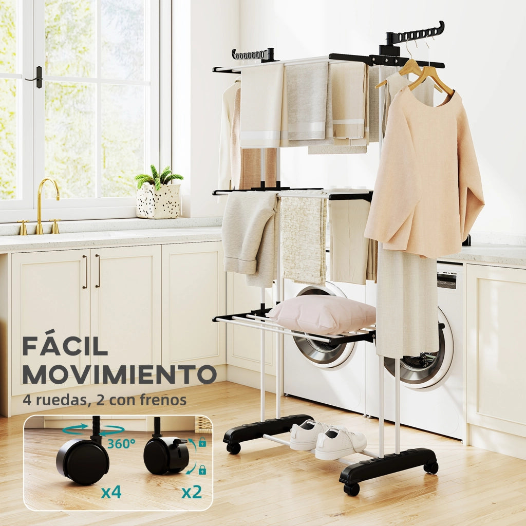 Stendibiancheria Pieghevole con Rotelle 3 Livelli ¨C zephmum ¨C 73x64x172 cm Nero e Bianco