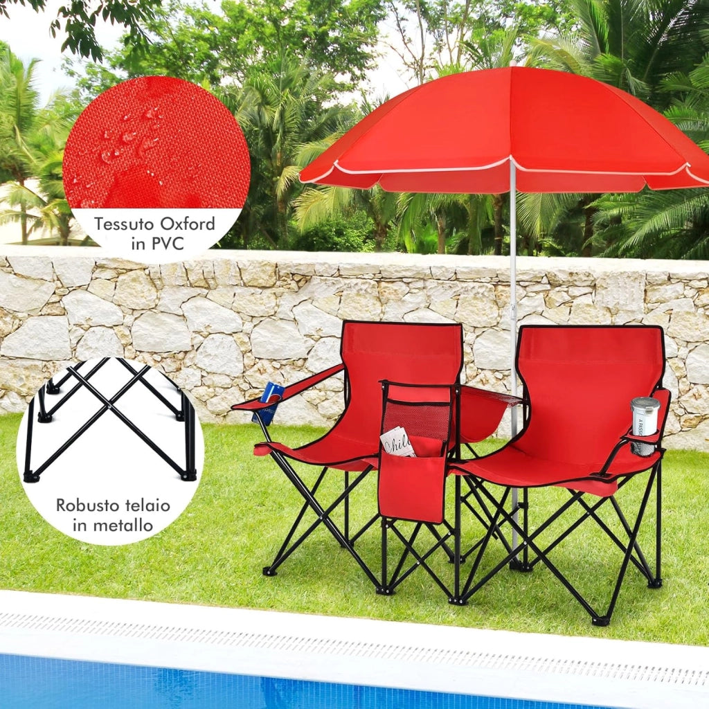 Set di 2 Sedie da Campeggio Pieghevoli, con Ombrellone e Tavolino Contenitore, Resistente e Leggero, Capacità 113 kg (Rosso)